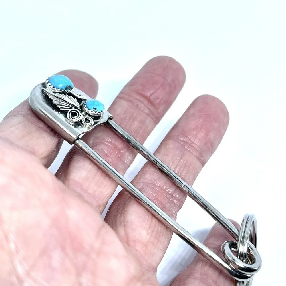 Giant Safety Pin Keyring Turquoise Leaf Key Chain Tag‎ 4in Navajo Mens Gift